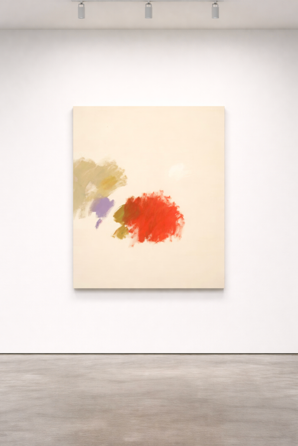 Abstraktes Gemälde auf roher Leinwand: große rote Farbwolke mit olivgrünen und violetten Akzenten, Werk von Gregor Stehle, 120×100 cm