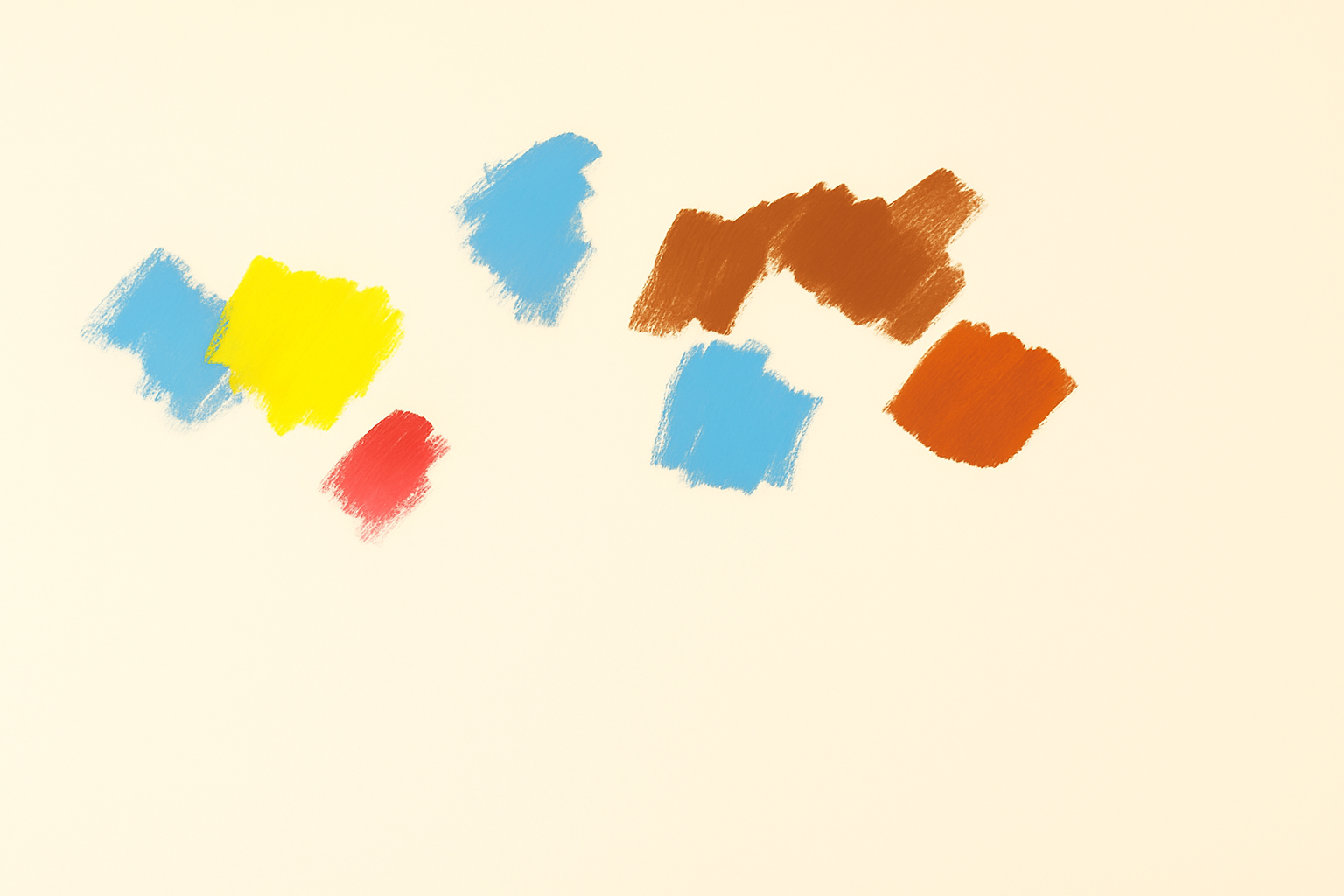 Abstrakte Farbstudie von Gregor Stehle auf roher Leinwand mit blauen, gelben, roten und braunen Farbfeldern