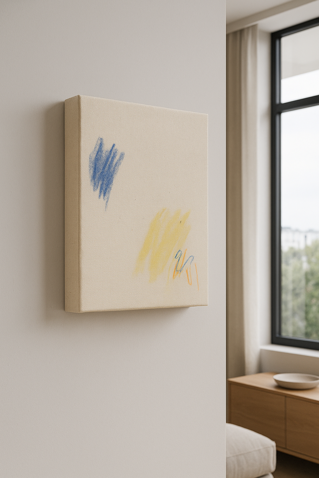 kleinformatige abstrakte Malerei suf roher Leinwand mit wenigen Farbgesten, meditative Bildwirkung, Originalkunst