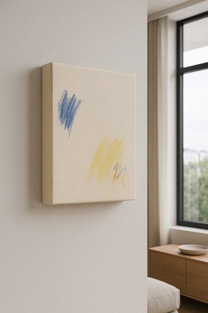 kleinformatige abstrakte Malerei suf roher Leinwand mit wenigen Farbgesten, meditative Bildwirkung, Originalkunst