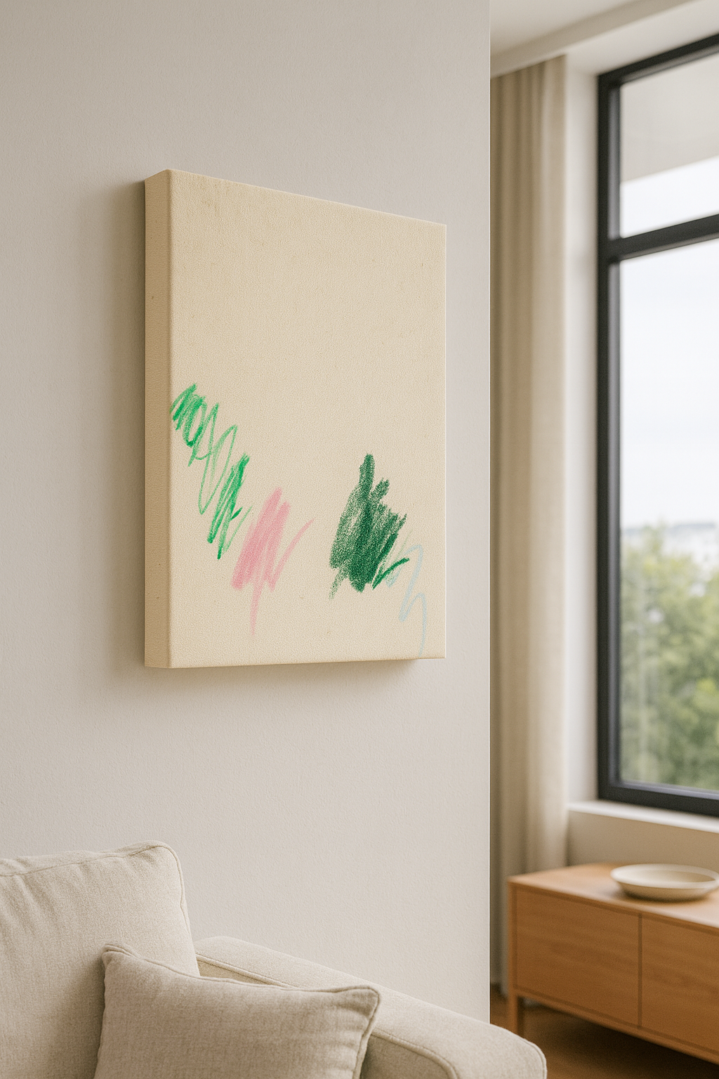 Abstrakte Leinwandarbeit, einzelne Farbfelder schweben im Raum, zeitgenössische Minimal Art von Gregor Stehle