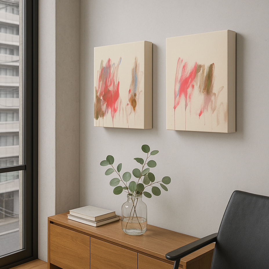 Diptychon von Gregor Stehle: abstrakte Malerei mit fließenden Rot-, Pink-, Braun- und Blautönen auf naturbelassener Leinwand, zwei nebeneinander hängende Werke mit sanften Farbverläufen und Tropfspuren.