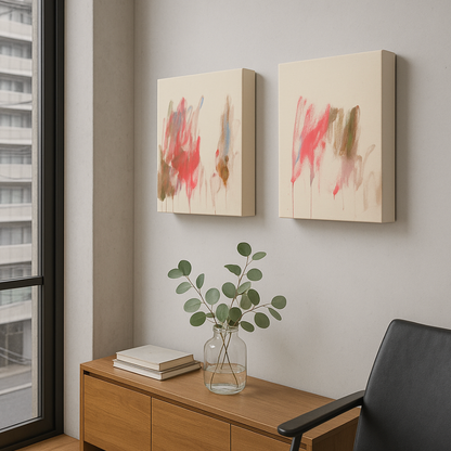 Diptychon von Gregor Stehle: abstrakte Malerei mit fließenden Rot-, Pink-, Braun- und Blautönen auf naturbelassener Leinwand, zwei nebeneinander hängende Werke mit sanften Farbverläufen und Tropfspuren.