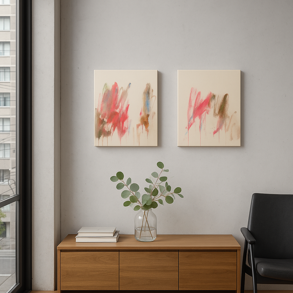 Diptychon von Gregor Stehle: abstrakte Malerei mit fließenden Rot-, Pink-, Braun- und Blautönen auf naturbelassener Leinwand, zwei nebeneinander hängende Werke mit sanften Farbverläufen und Tropfspuren.