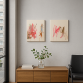 Diptychon von Gregor Stehle: abstrakte Malerei mit fließenden Rot-, Pink-, Braun- und Blautönen auf naturbelassener Leinwand, zwei nebeneinander hängende Werke mit sanften Farbverläufen und Tropfspuren.