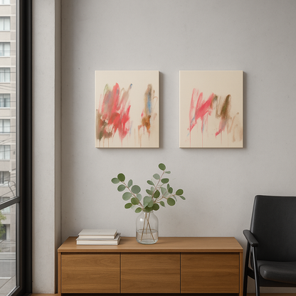 Diptychon von Gregor Stehle: abstrakte Malerei mit fließenden Rot-, Pink-, Braun- und Blautönen auf naturbelassener Leinwand, zwei nebeneinander hängende Werke mit sanften Farbverläufen und Tropfspuren.