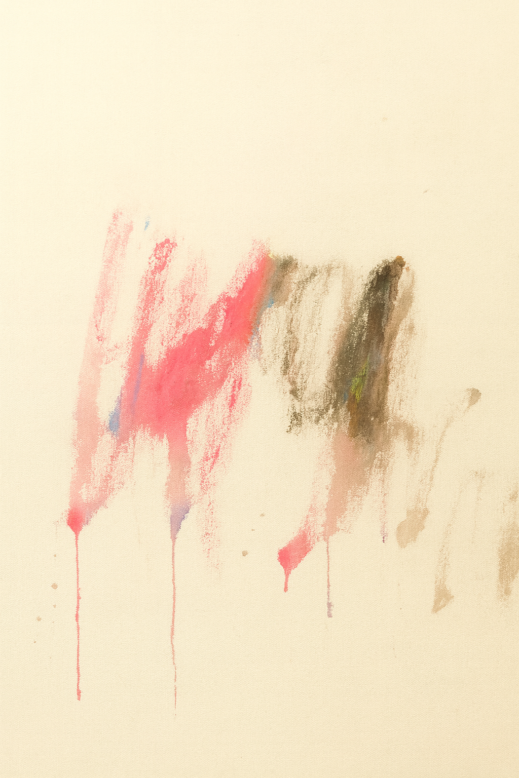 Diptychon von Gregor Stehle: abstrakte Malerei mit fließenden Rot-, Pink-, Braun- und Blautönen auf naturbelassener Leinwand, zwei nebeneinander hängende Werke mit sanften Farbverläufen und Tropfspuren.