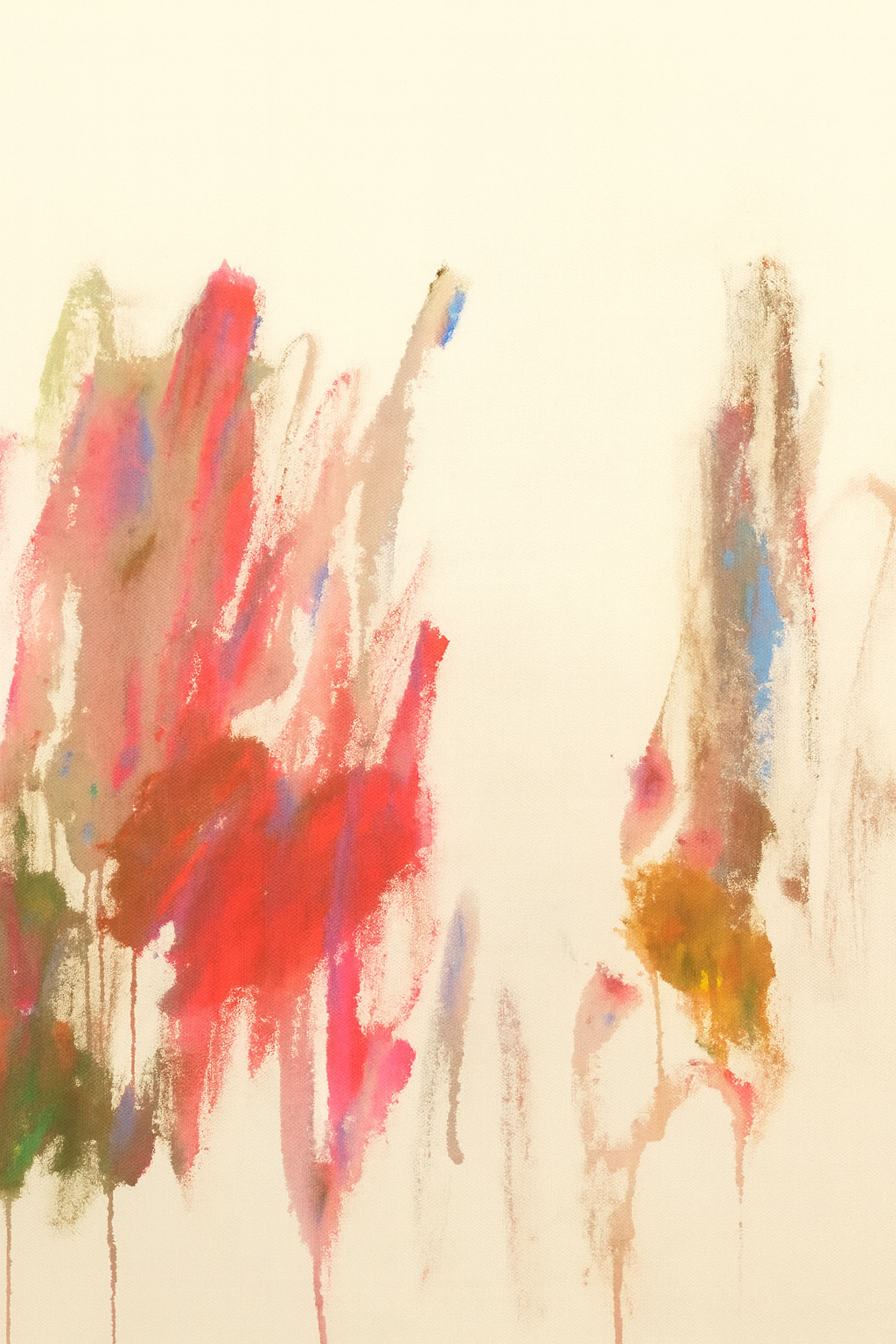 Abstrakte Farbstudie von Gregor Stehle, Acryl auf roher Leinwand, 30×40 cm. Rosa-, Rot-, Erd- und Blautöne mit Tropfspuren und fließenden Bewegungen.