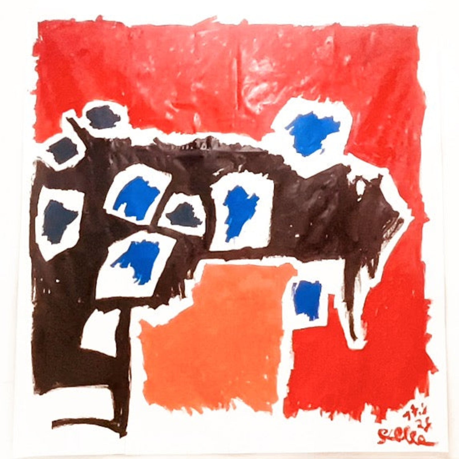 Abstrakte Malerei von Gregor Stehle mit kräftigen roten, schwarzen und blauen Farbflächen, dynamische Komposition auf hellem Grund