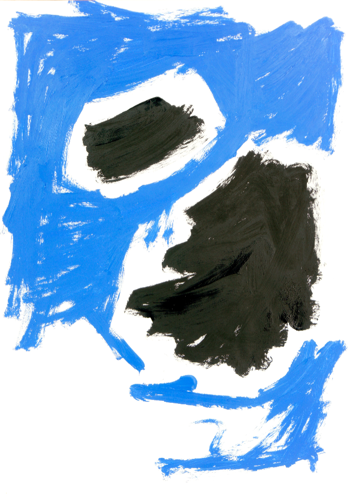 Abstrakte Malerei von Gregor Stehle mit leuchtenden blauen Pinselzügen und dunklen, organischen Farbflächen auf weißem Grund, zeitgenössische Minimal Art.