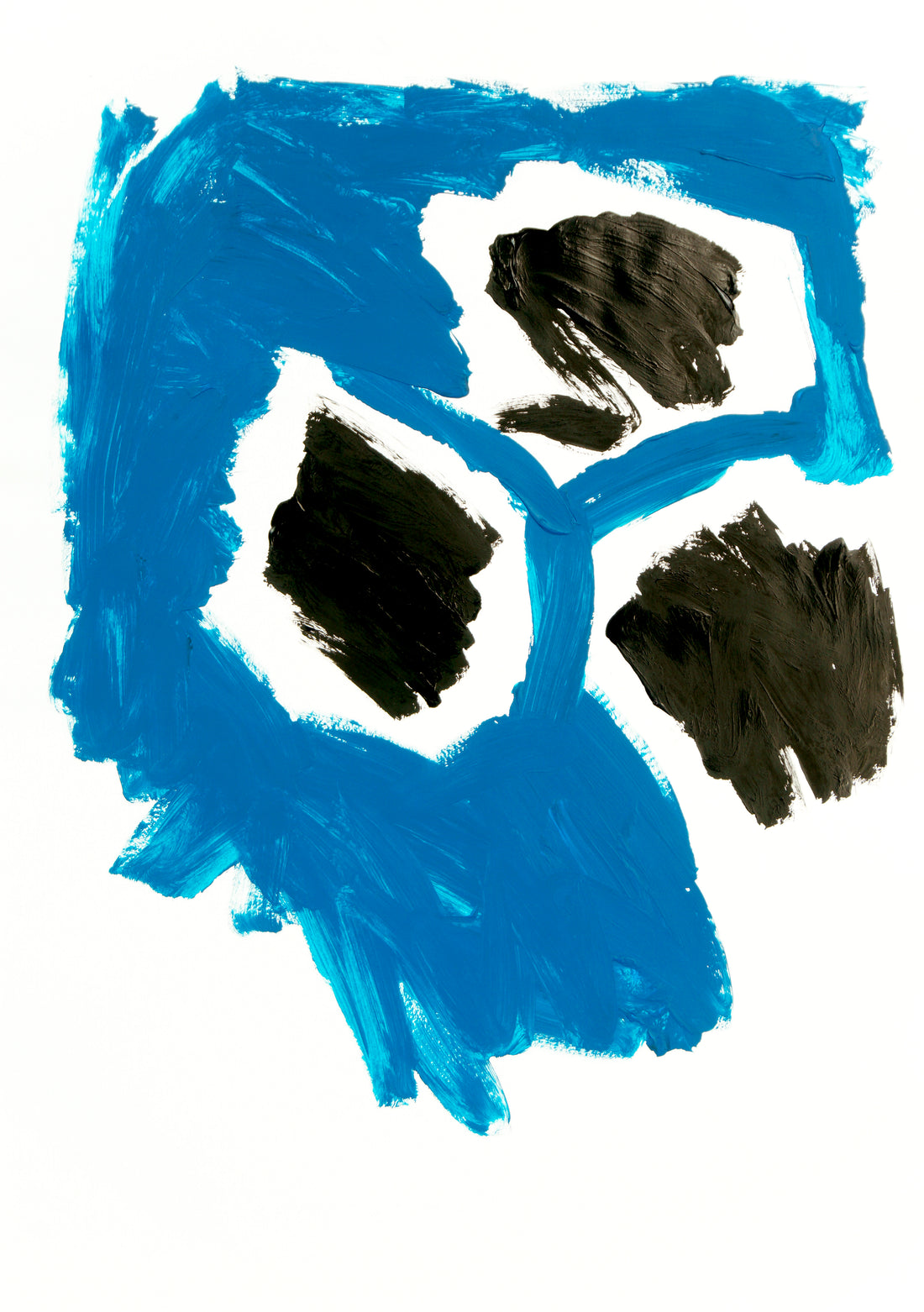 Abstrakte Malerei von Gregor Stehle: kräftige blaue Pinselzüge umrahmen drei dunkle organische Farbflächen auf weißem Hintergrund, zeitgenössische Minimal Art.