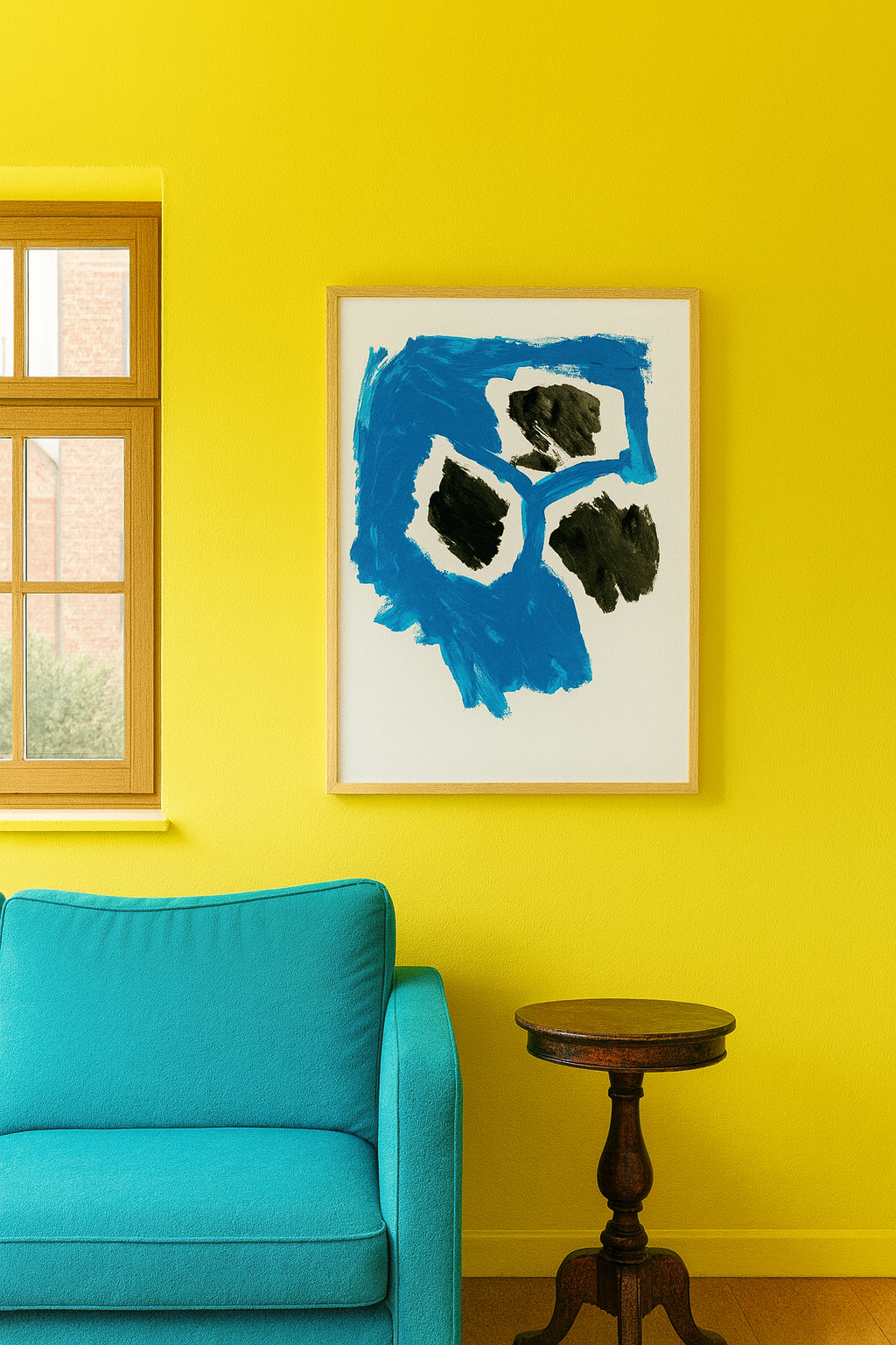 Abstrakte Malerei von Gregor Stehle: kräftige blaue Pinselzüge umrahmen drei dunkle organische Farbflächen auf weißem Hintergrund, zeitgenössische Minimal Art.