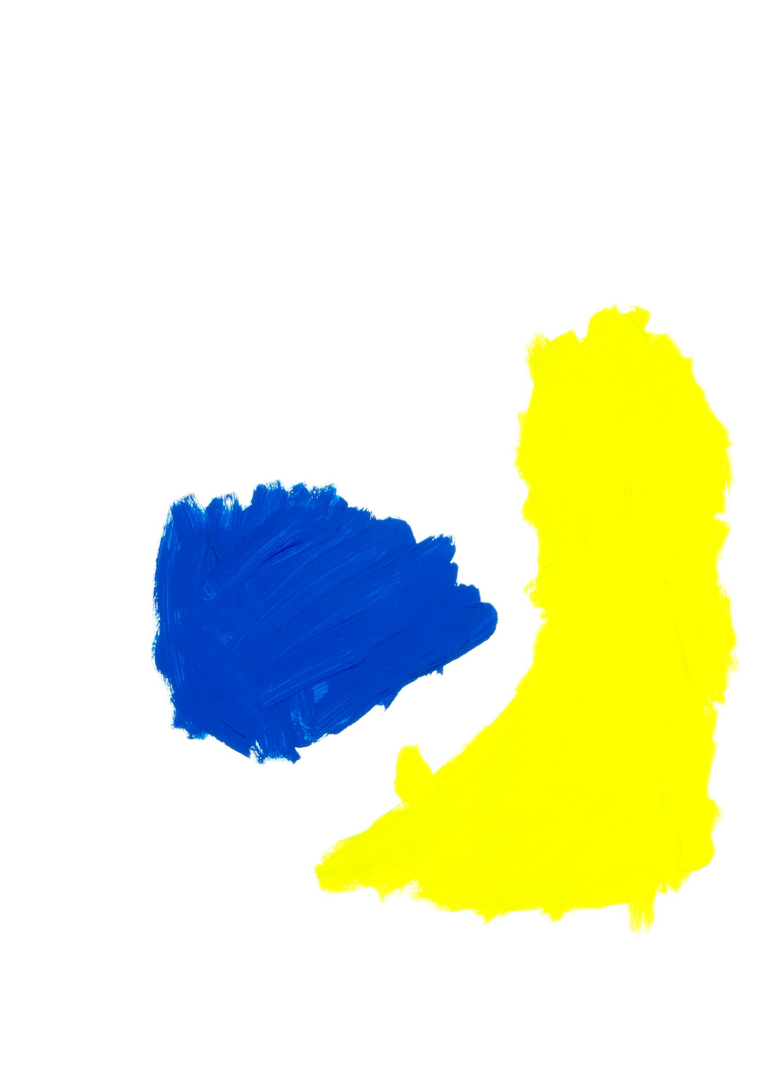 Abstrakte Malerei von Gregor Stehle mit einer intensiven blauen Farbform und einer leuchtend gelben Fläche auf weißem Grund, minimalistische zeitgenössische Kunst.