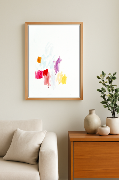 Zeitgenössische abstrakte Kunst in pastelligen Farbfeldern von Gregor Stehle, leichte minimalistische Komposition auf weißem Grund