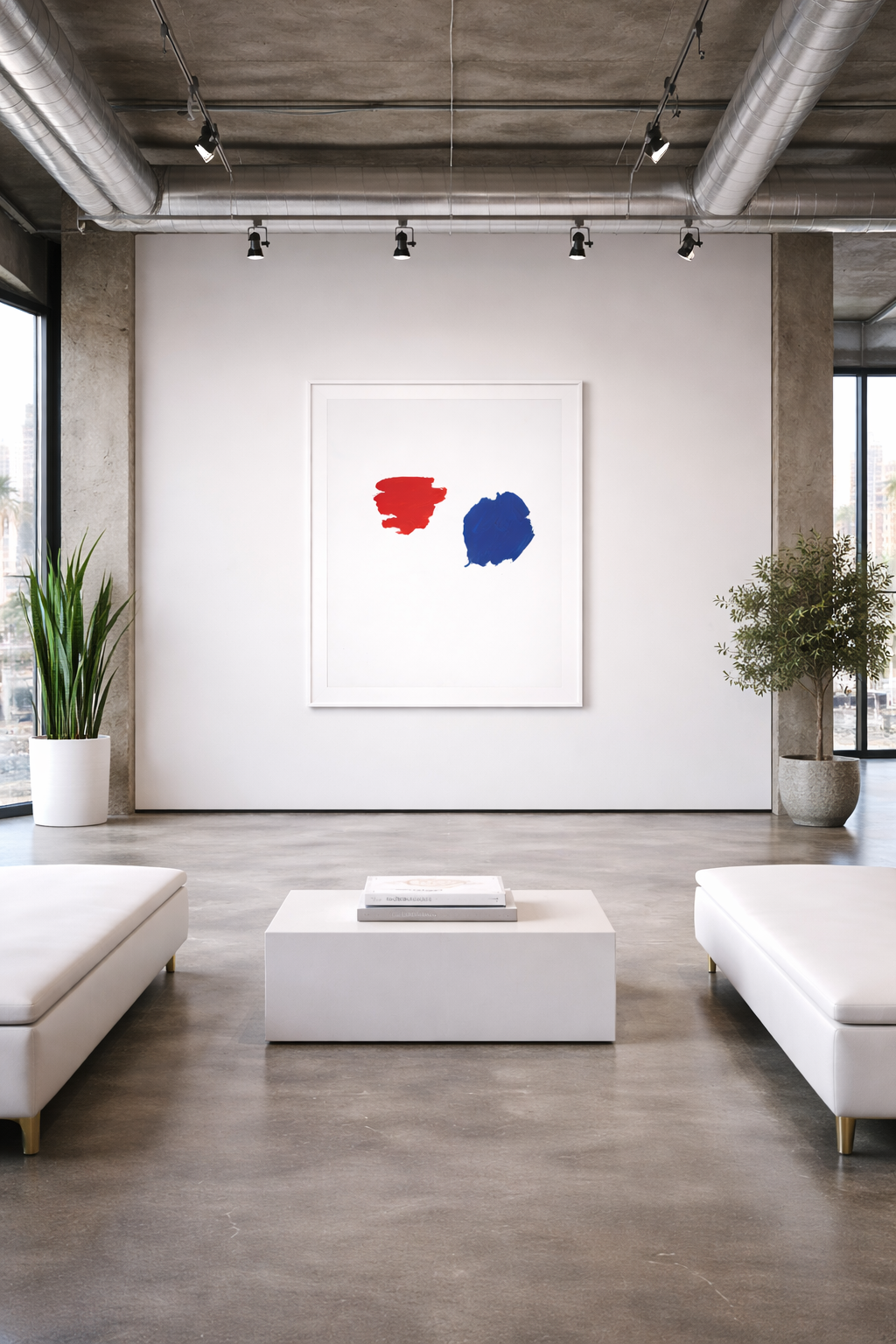 Abstrakte Malerei mit roter und blauer Farbfläche auf weißem Grund von Gregor Stehle