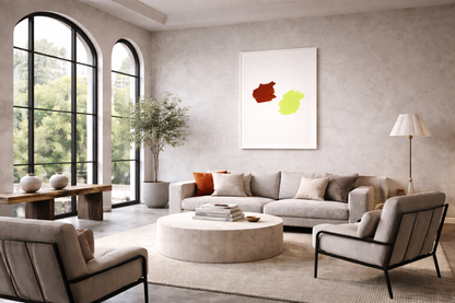 Abstraktes Gemälde von Gregor Stehle mit brauner und hellgrüner Farbform auf weißem Hintergrund, Acrylfarbe auf Leinwand, Hochformat A1.