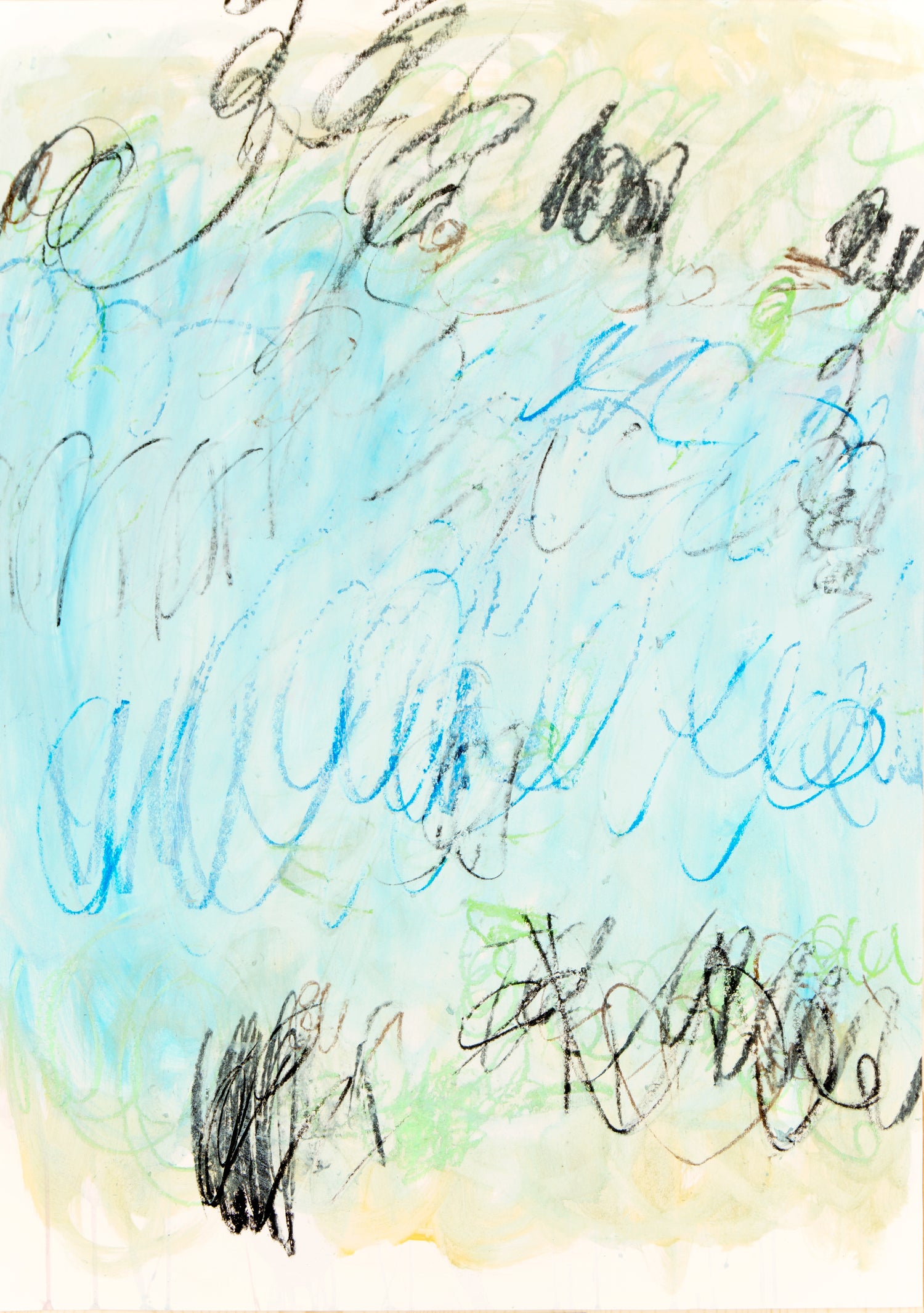 Abstrakte Malerei von Gregor Stehle mit fließenden schwarzen, blauen und grünen Liniengesten auf hellem, aquarellartigen Hintergrund, atmosphärische zeitgenössische Komposition.