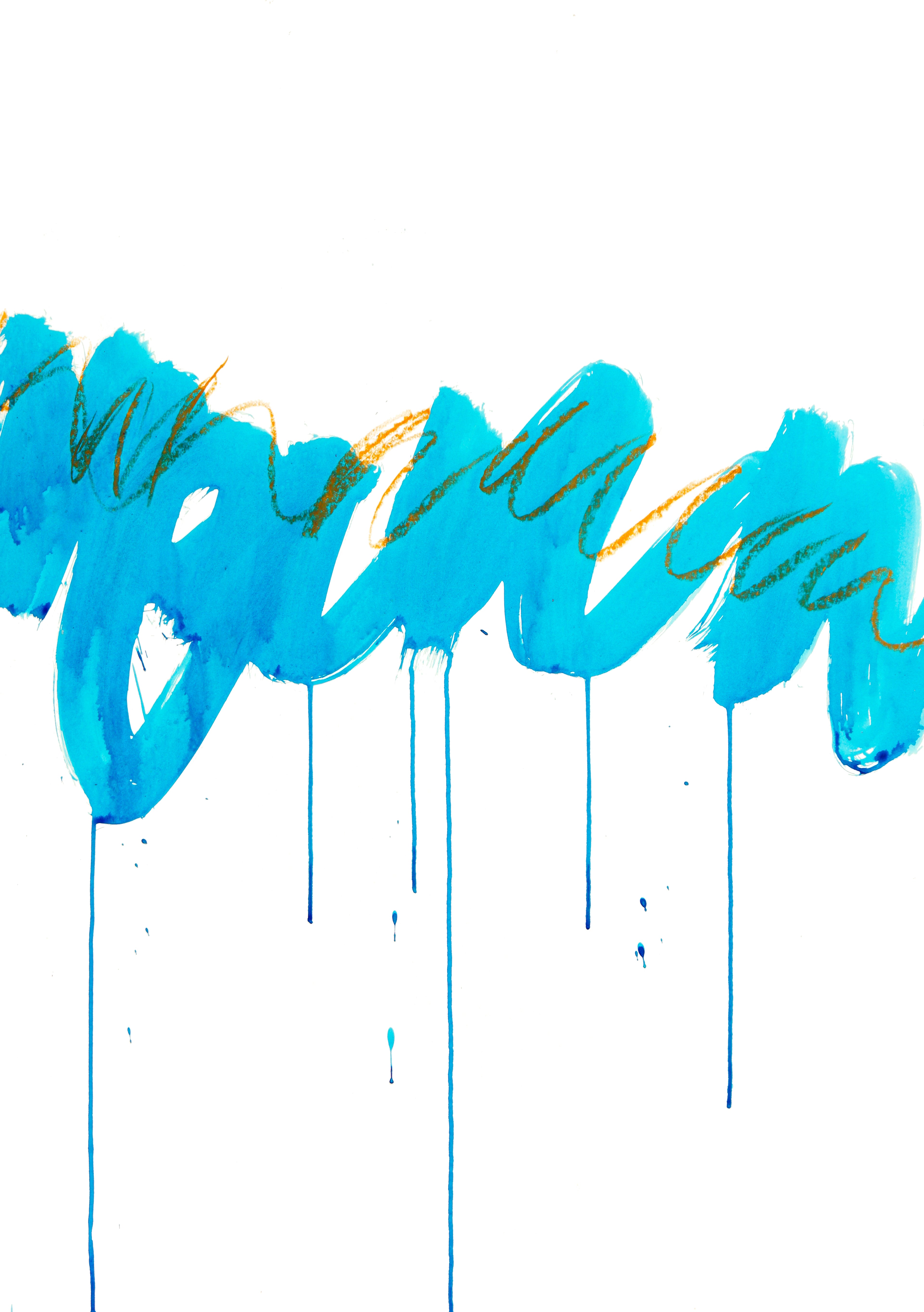 Abstraktes Kunstwerk mit horizontaler blauer Farbspur, fließenden Tropfen und feinen ockerfarbenen Linien auf hellem Grund.