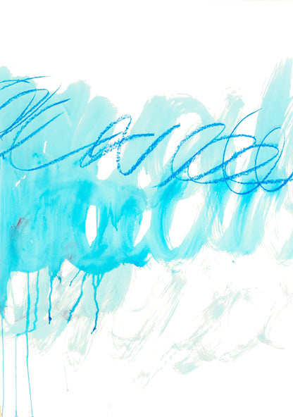 Abstrakter Fine Art Druck in Blau und Türkis mit horizontalem Farbband und Tropfen auf weißem Grund, Hochformat.