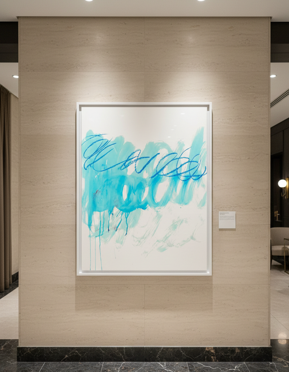 Abstrakter Fine Art Druck in Blau und Türkis mit horizontalem Farbband und Tropfen auf weißem Grund, Hochformat.