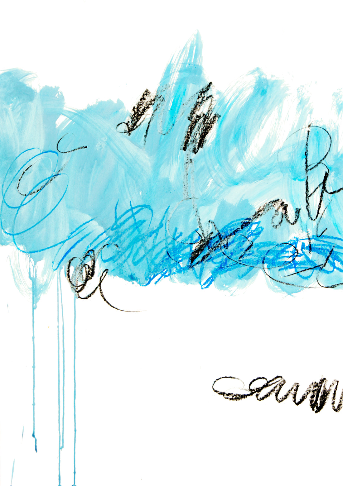 Abstrakter Fine Art Druck in Blau und Türkis mit horizontalem Farbband und Tropfen auf weißem Grund, Hochformat.