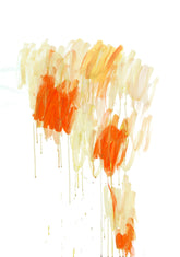 Abstrakter Fine Art Druck mit vertikalen Farbzonen in Orange, Gelb und Creme, mit sichtbaren Tropfen auf weißem Grund.