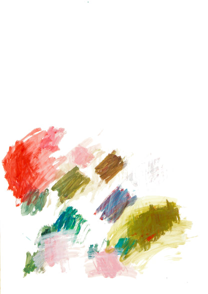 Abstrakte Malerei von Gregor Stehle mit farbigen Pinselgesten in Rot, Grün, Blau, Braun und Gelb im unteren Bildbereich, einzelne blaue Punktsetzung auf weißem Grund.