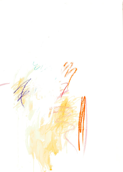 bstraktes Gemälde von Gregor Stehle in warmen Gelb- und Orangetönen auf weißem Ölleinen, Großformat 120 × 190 cm, reduzierte zeitgenössische Malerei.