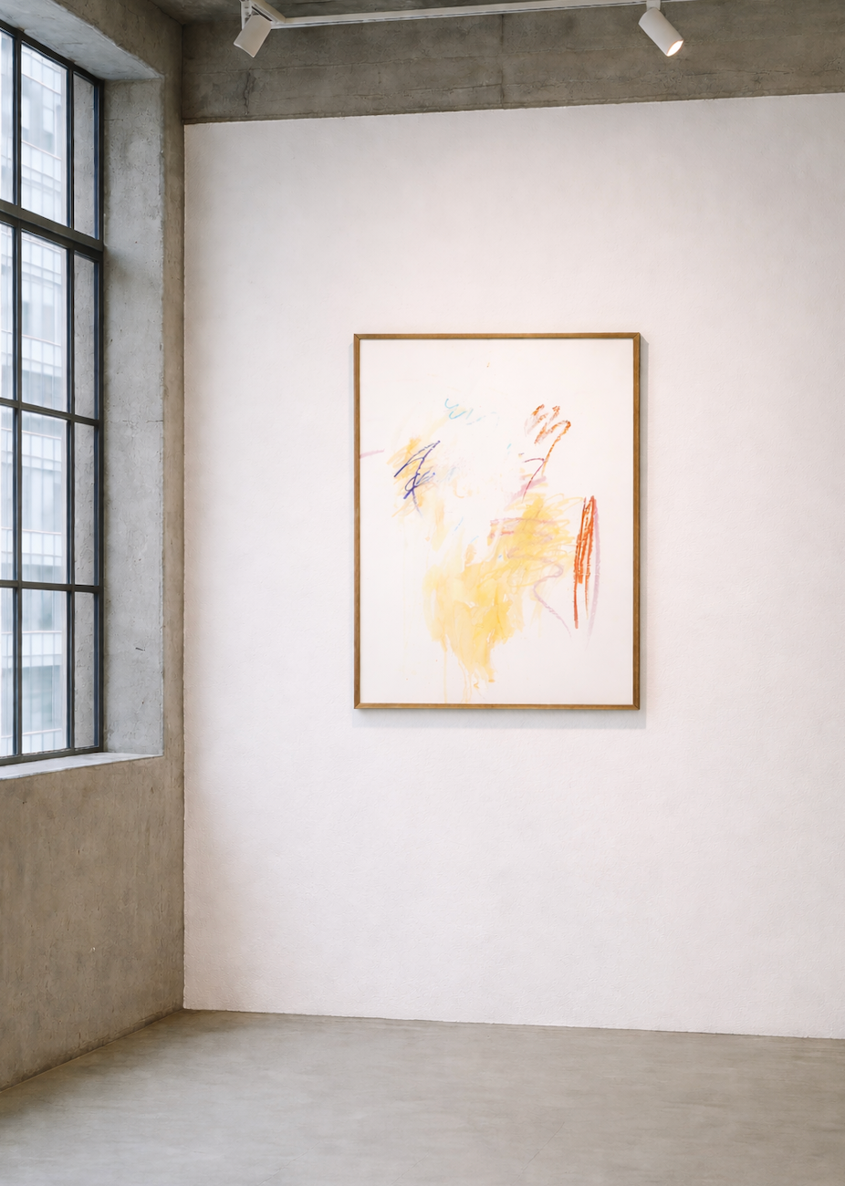 bstraktes Gemälde von Gregor Stehle in warmen Gelb- und Orangetönen auf weißem Ölleinen, Großformat 120 × 190 cm, reduzierte zeitgenössische Malerei.