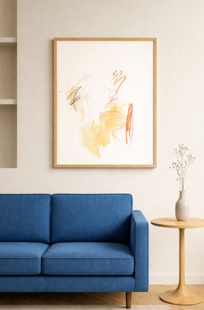 Abstrakte Zeichnung mit gestischen Linien in Orange, Grün und Blau auf weißem Grund, zeitgenössisches Werk von Gregor Stehle.