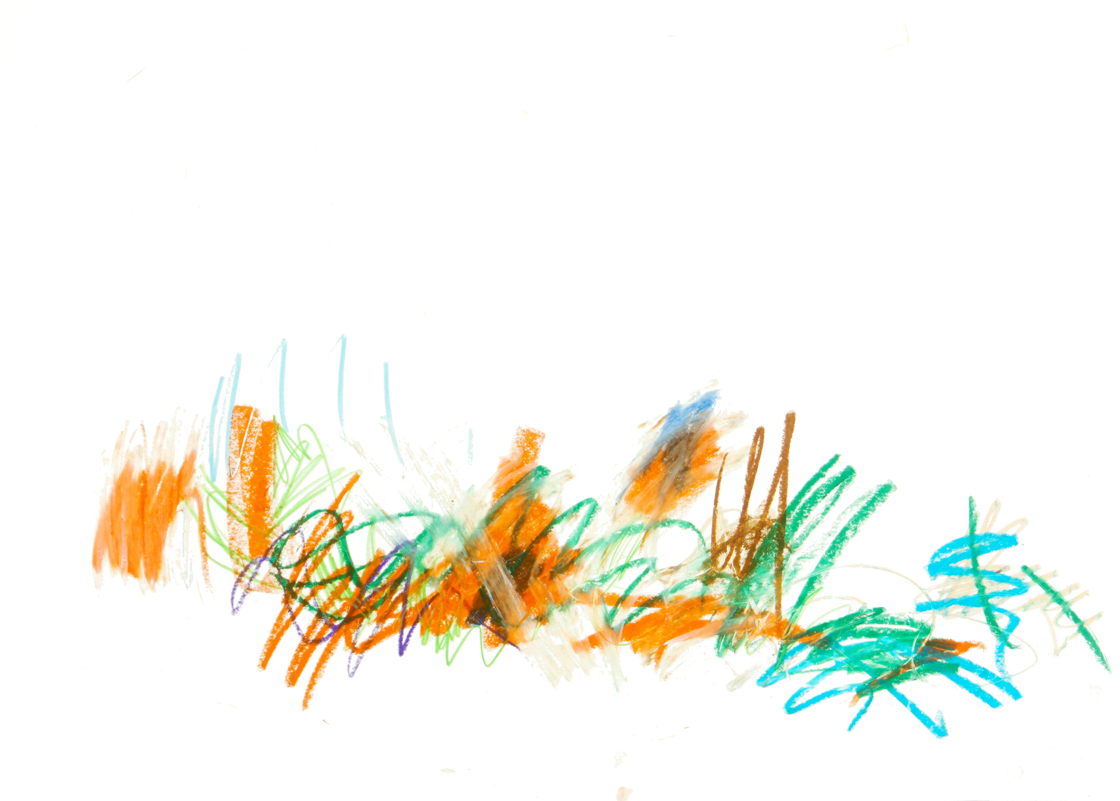 Abstrakte Zeichnung mit gestischen Linien in Orange, Grün und Blau auf weißem Grund, zeitgenössisches Werk von Gregor Stehle.