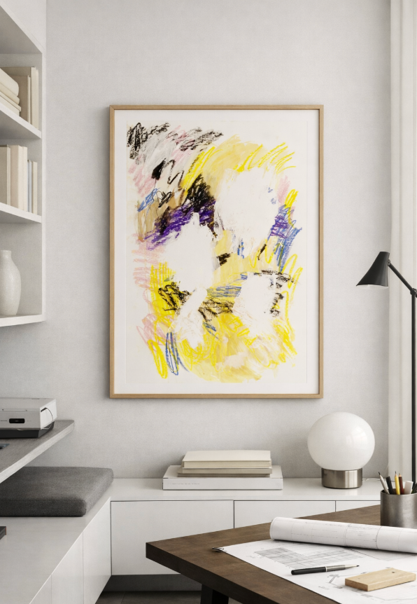 Abstrakte gestische Farbarbeit in Gelb, Blau, Schwarz und Violett auf weißem Papier, mit offenen Raumflächen, Fine-Art-Print A1 von Gregor Stehle.