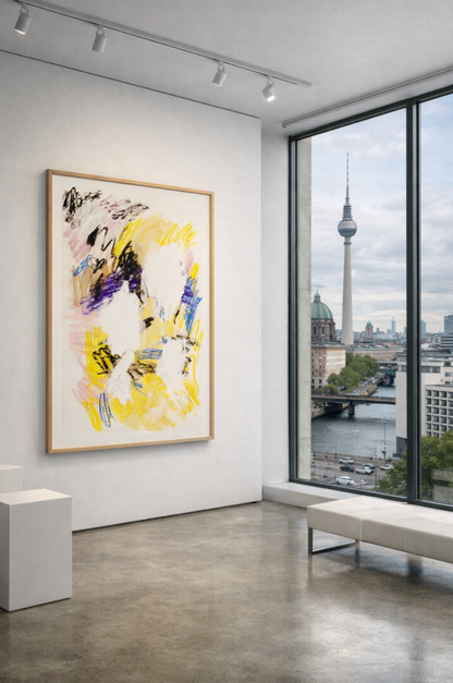 Abstrakte gestische Farbarbeit in Gelb, Blau, Schwarz und Violett auf weißem Papier, mit offenen Raumflächen, Fine-Art-Print A1 von Gregor Stehle.