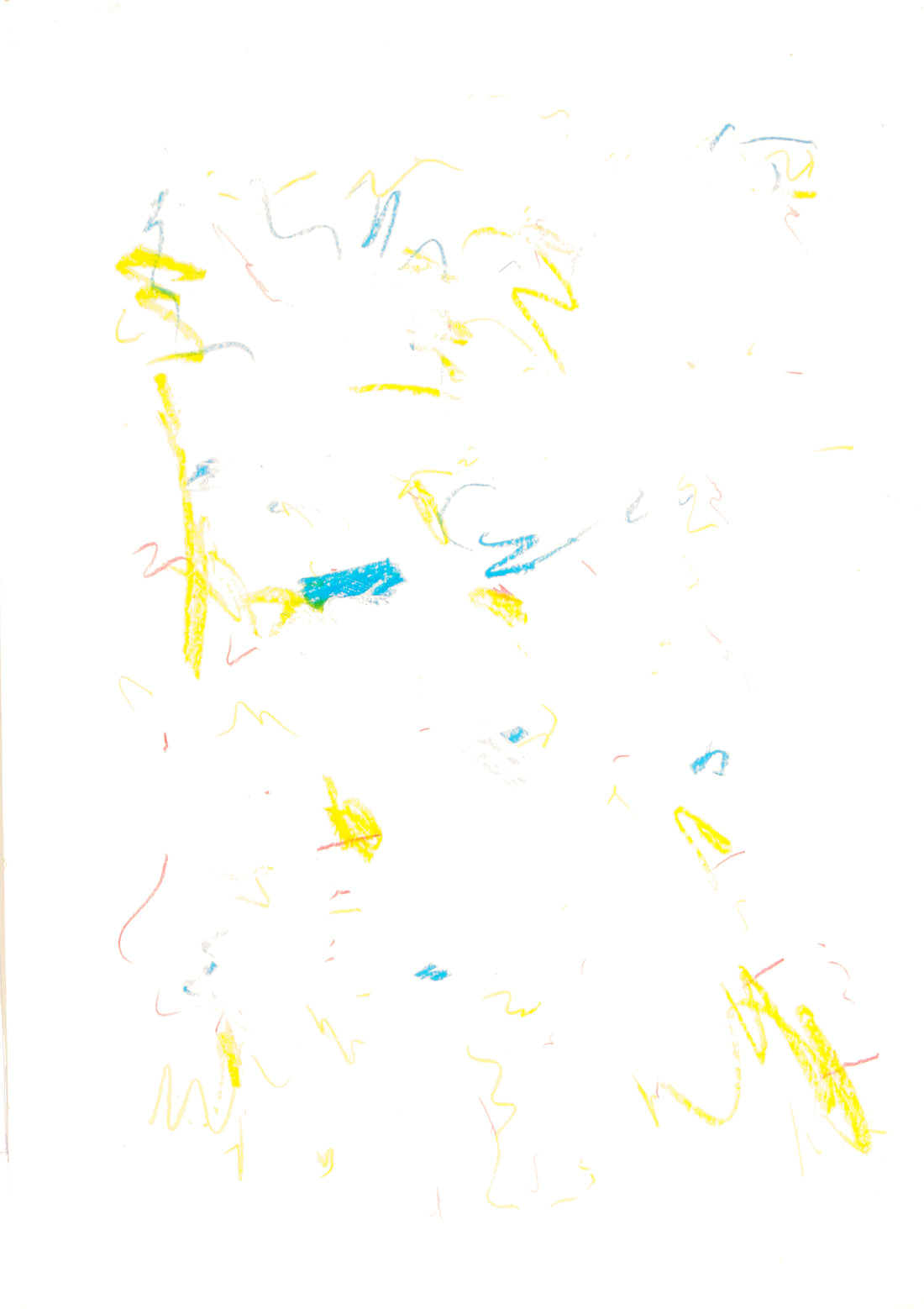 Abstrakte, helle gestische Farbkomposition in Gelb, Blau und feinen Rot-Akzenten auf weißem Grund. Zarte Linien und spontane Markierungen erzeugen eine leichte, offene Raumwirkung. Fine-Art-Print A1 von Gregor Stehle.