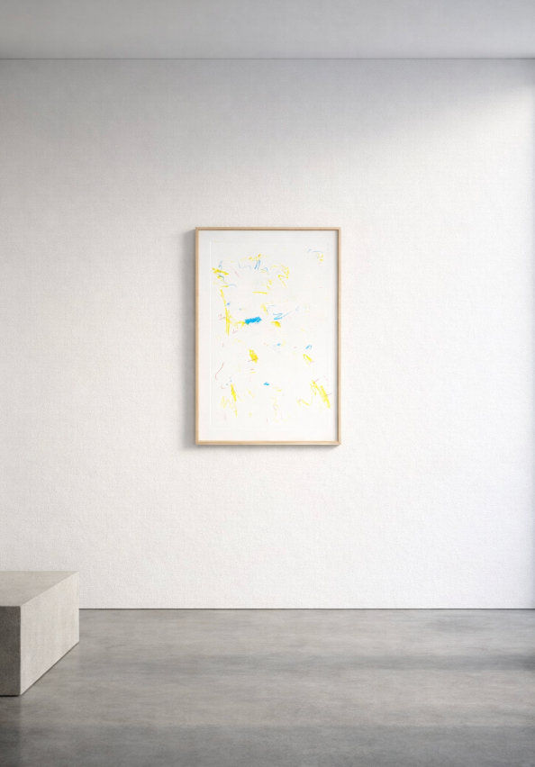 Abstrakte gestische Komposition in Gelb &amp; Blau auf Weiß, leichte Linien, offene Fläche. Fine-Art-Print A1 von Gregor Stehle.