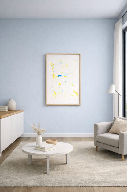 Abstrakte gestische Komposition in Gelb &amp; Blau auf Weiß, leichte Linien, offene Fläche. Fine-Art-Print A1 von Gregor Stehle.