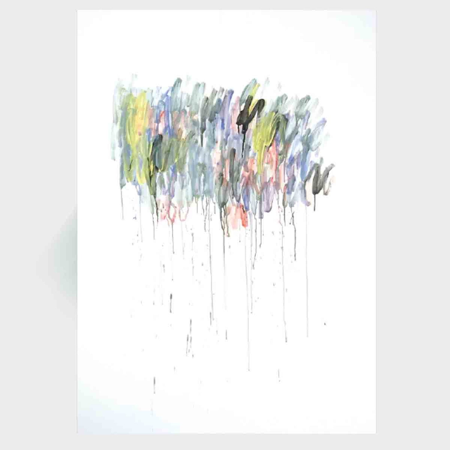 Abstrakte Raumkomposition, zarte Farbflecken im offenen Feld, minimalistische Kunst auf Papier von Gregor Stehle“