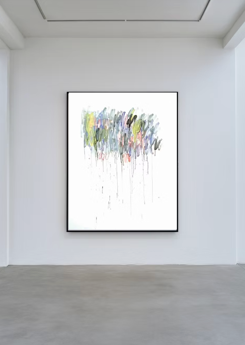 Abstrakte Raumkomposition, zarte Farbflecken im offenen Feld, minimalistische Kunst auf Papier von Gregor Stehle“