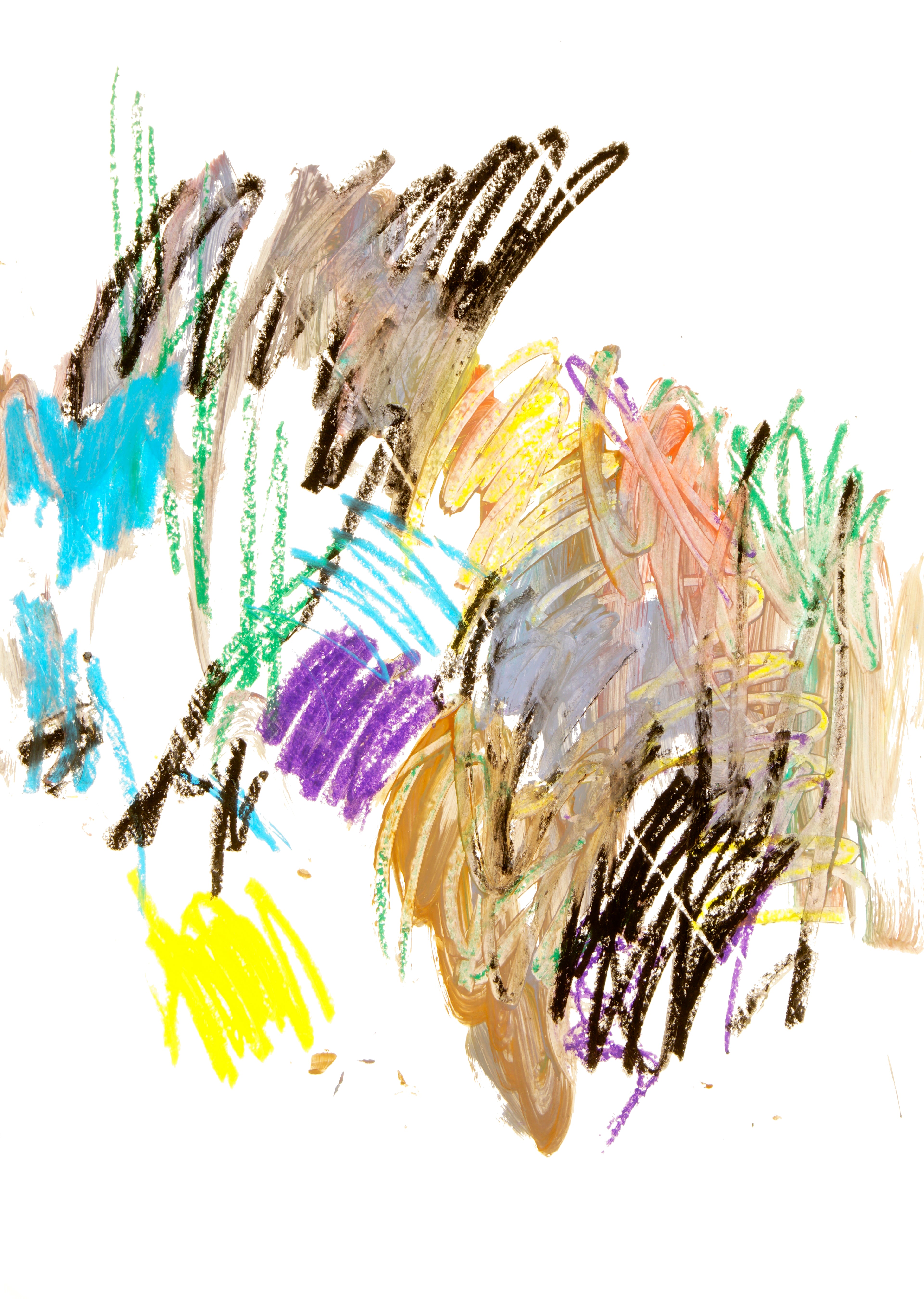 Abstrakte Mixed-Media-Zeichnung auf Papier mit gestischen Farbspuren in Blau, Gelb, Grün, Violett und Schwarz auf weißem Grund.