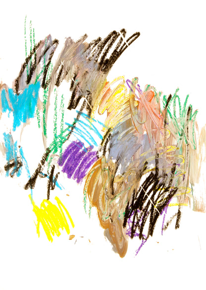 Abstrakte Mixed-Media-Zeichnung auf Papier mit gestischen Farbspuren in Blau, Gelb, Grün, Violett und Schwarz auf weißem Grund.