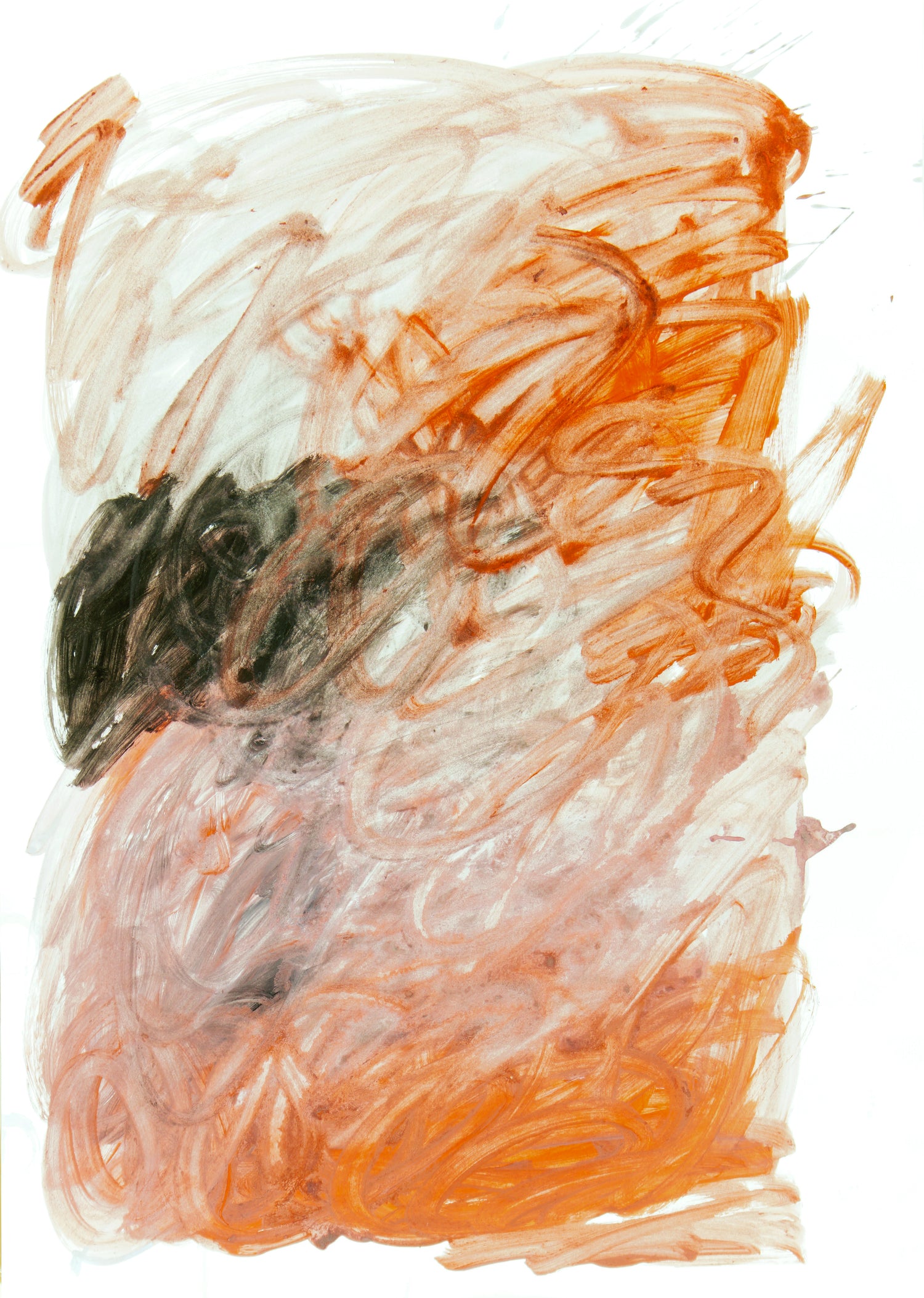 Abstrakte Mixed-Media-Arbeit auf Papier im Hochformat mit orangefarbenen, grauen und schwarzen Farbspuren auf weißem Grund.