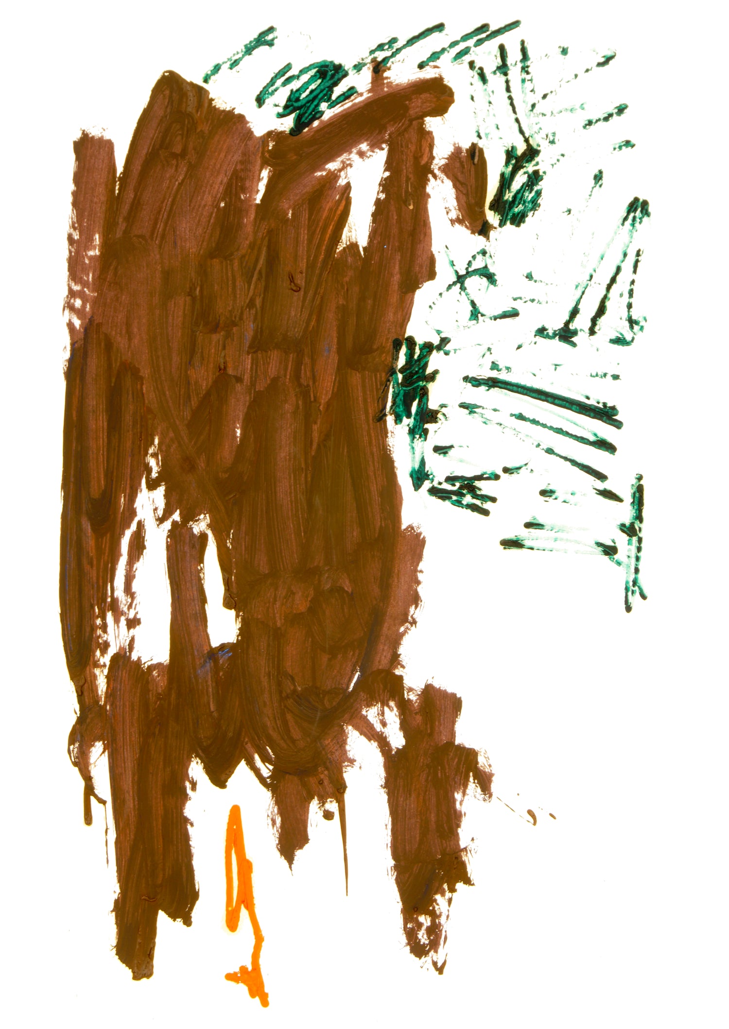 Abstrakter Fine Art Print von Gregor Stehle mit brauner, gestischer Malerei auf weißem Grund, ergänzt durch grüne lineare Spuren und einen einzelnen orangefarbenen Akzent.