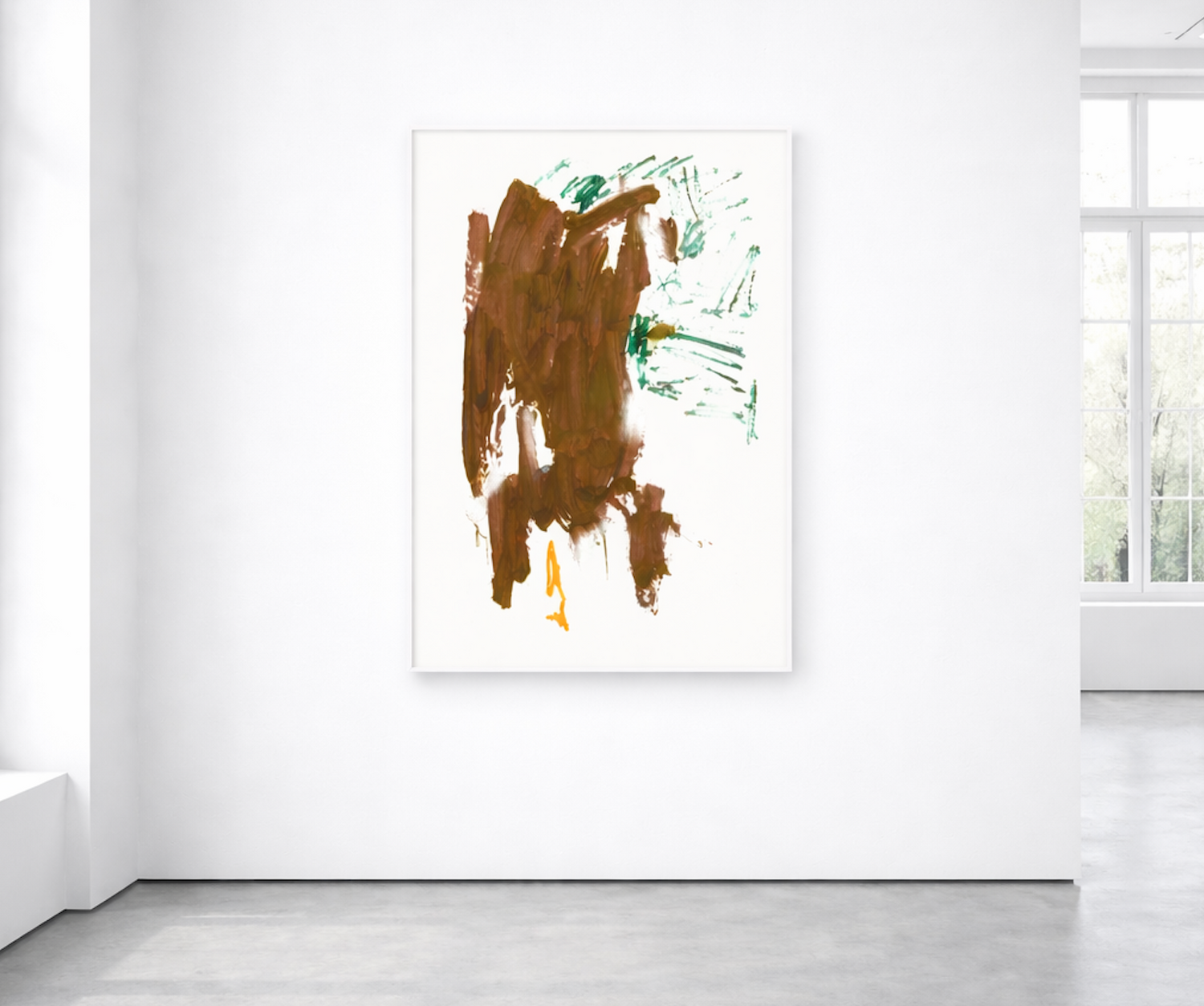 Abstrakter Fine Art Print von Gregor Stehle mit brauner, gestischer Malerei auf weißem Grund, ergänzt durch grüne lineare Spuren und einen einzelnen orangefarbenen Akzent.