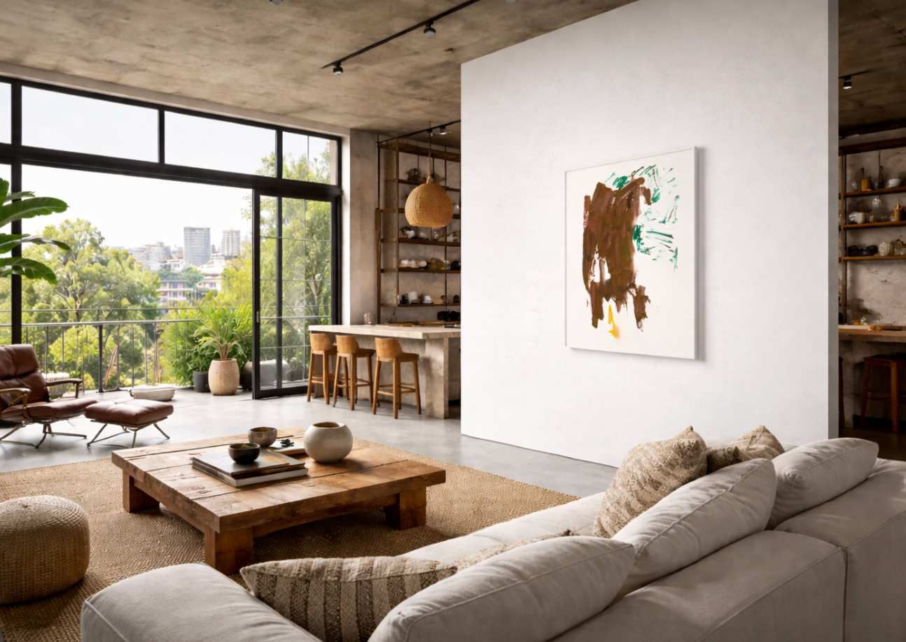 Abstrakter Fine Art Print von Gregor Stehle mit brauner, gestischer Malerei auf weißem Grund, ergänzt durch grüne lineare Spuren und einen einzelnen orangefarbenen Akzent.