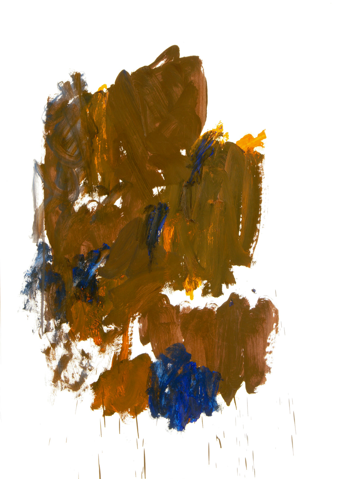 Abstrakte Malerei mit braunen, ockerfarbenen und blauen Farbschichtungen auf weißem Grund, Fine Art Print von Gregor Stehle