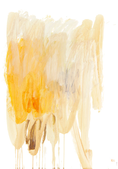 Abstrakter Fine-Art-Print in Gelb- und Ockertönen mit lasierenden Schichten und tropfenden Farbspuren, DIN A1, hochformatig.