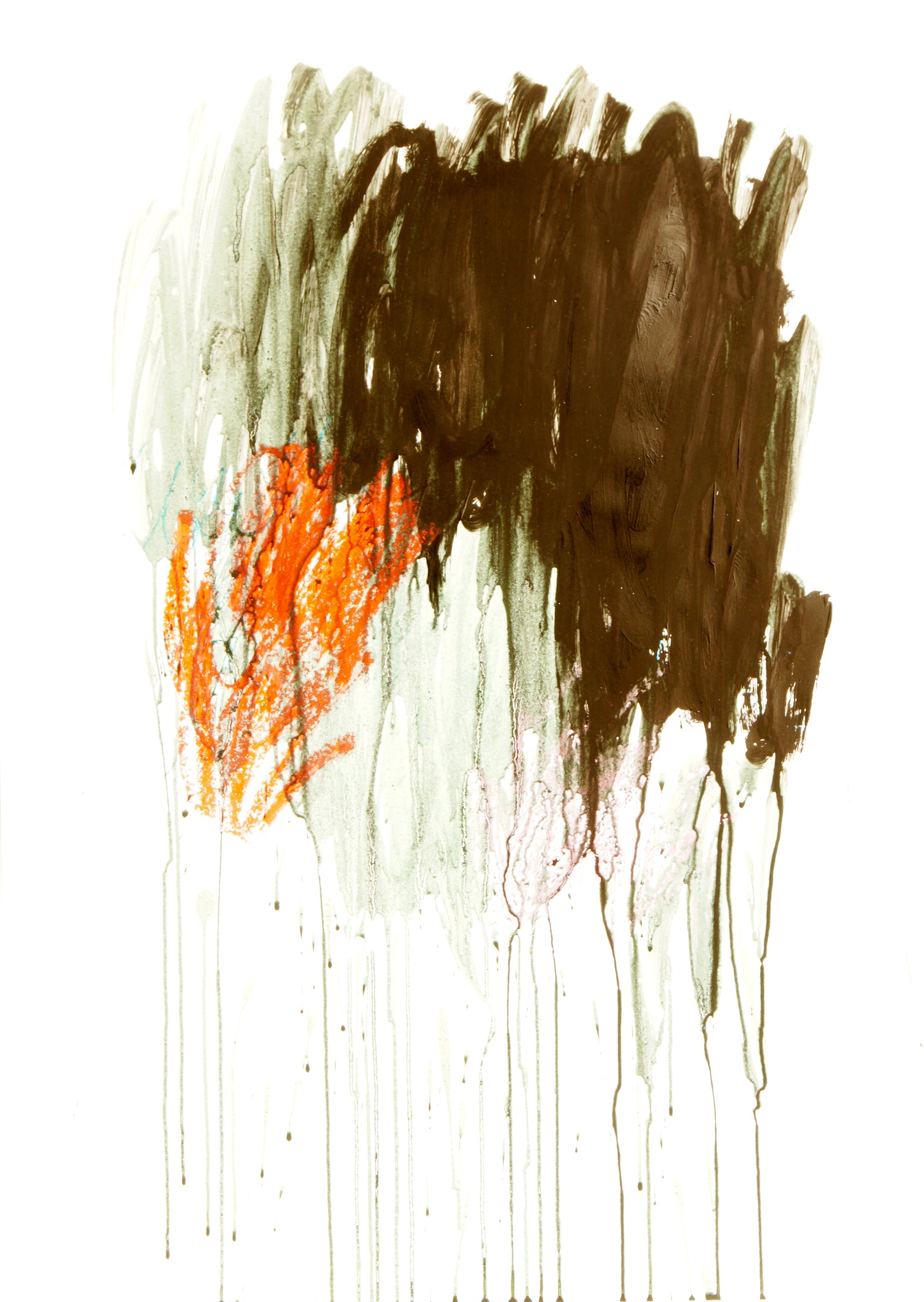 Abstrakter Fine Art Print im Hochformat mit erdigen Braun-, Grau- und Orangetönen, vertikalen Farbläufen und offener Raumwirkung.