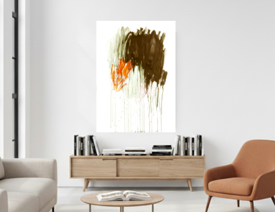 Abstrakter Fine Art Print im Hochformat mit erdigen Braun-, Grau- und Orangetönen, vertikalen Farbläufen und offener Raumwirkung.