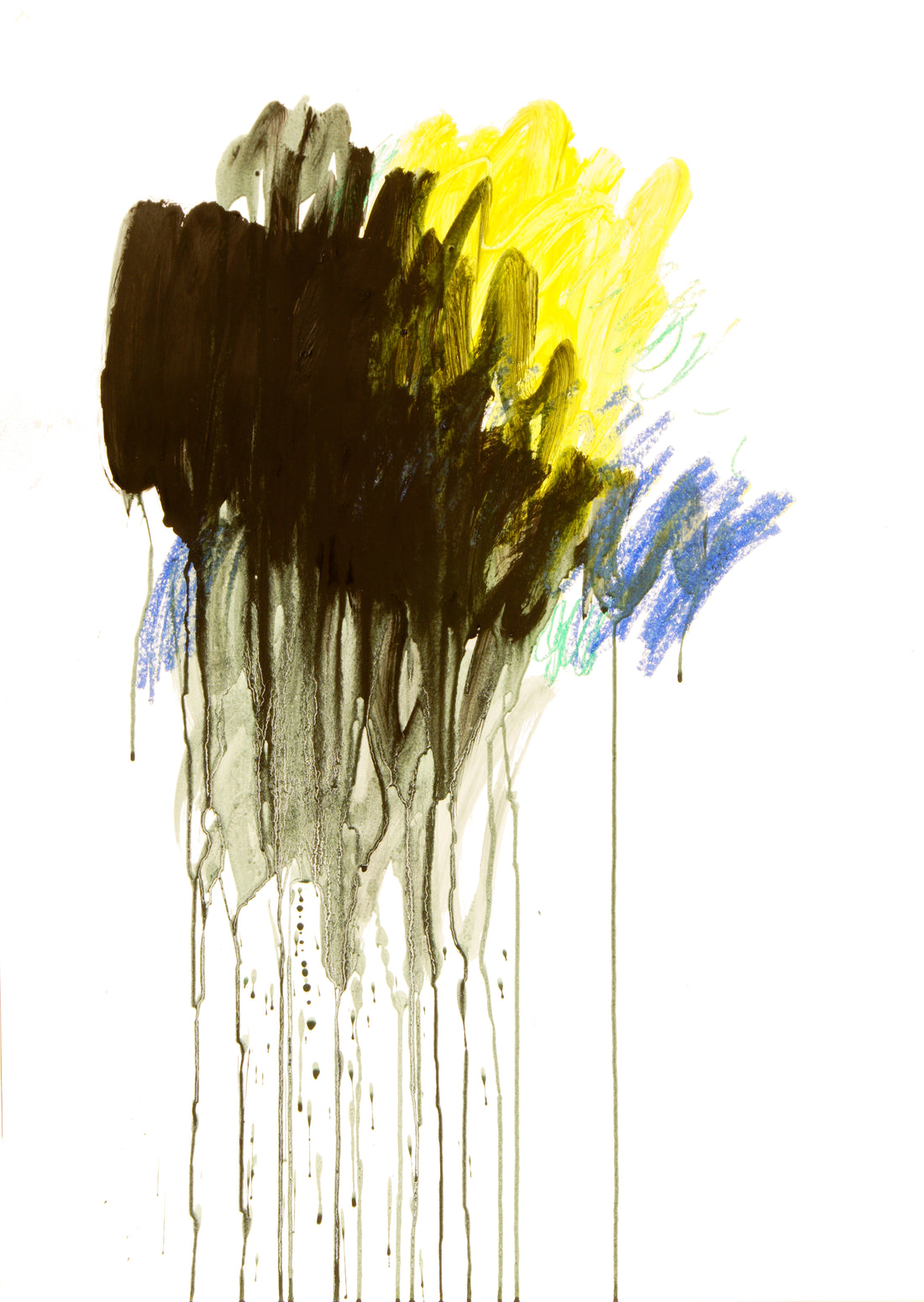 Abstrakte Malerei von Gregor Stehle mit dunklen und gelben Farbschichten, vertikalen Farbläufen und prozesshafter Struktur auf weißem Grund.