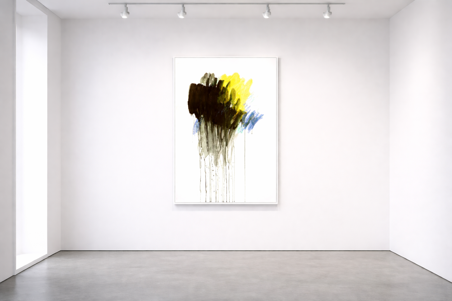 Abstrakte Malerei von Gregor Stehle mit dunklen und gelben Farbschichten, vertikalen Farbläufen und prozesshafter Struktur auf weißem Grund.